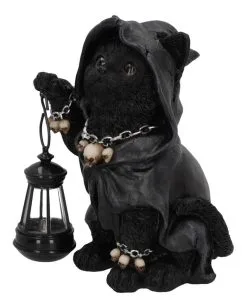 Grim Reaper Kätzchen Mit Laterne 18,5cm -Outlet-Horror-Shop grim reaper kaetzchen mit laterne sensenmann katze mit laterne halloween tischdekoration 54622 02