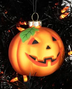 Halloween Kürbis Glas Weihnachtskugel Ø7,6cm -Outlet-Horror-Shop halloween kuerbis glas weihnachtskugel halloween und horror weihnachtsdeko jack o lantern pumpkin hanging ornament 54760 4
