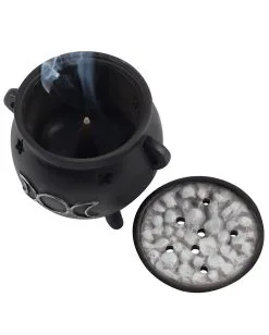 Hexenkessel Mit Triple Moon Räucherkegel Halter -Outlet-Horror-Shop hexenkessel mit triple moon raeucherkegel halter triple moon witch cauldron incense cone holder gothic deco 50699 03