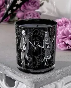 KILLSTAR Danse Macabre Glas Kerze -Outlet-Horror-Shop killstar danse macabre glas kerze mit duft killstar accessoires killstar dekoration gothic dekoration gothic kerze skelett kerze 54804 1