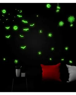 Leuchtende Halloween Sticker "Fledermäuse & Spinnen" -Outlet-Horror-Shop leuchtende halloween sticker fledermaeuse und spinnen glow in the dark halloween sticker bats and spiders 51726 03