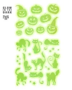 Leuchtende Halloween Sticker "Kürbisse & Katzen" -Outlet-Horror-Shop leuchtende halloween sticker kuerbisse und katzen glow in the dark halloween sticker pumpkin and cats 51727 02