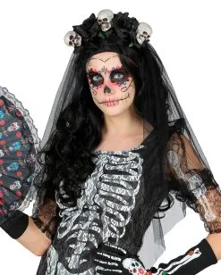 Schwarzer Brautschleier Mit Totenköpfen -Outlet-Horror-Shop schwarzer brautschleier mit totenkoepfen black veil with skulls halloween kostuemzubehoer 37534 3