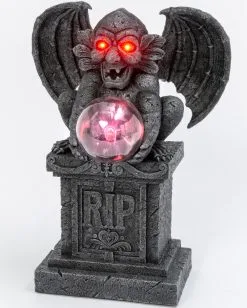 Sitzender Gargoyle Auf Grabstein Mit Licht -Outlet-Horror-Shop sitzender gargoyle auf grabstein mit licht resin gargoyle on a tomstone with light halloween deko 52496