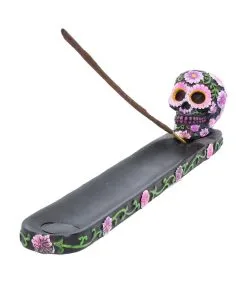 Sugar Skull Mit Flowers Räucherstäbchen Halter -Outlet-Horror-Shop sugar skull mit flowers raeucherstaebchen halter sugar skull with flowers incense burner 50735 02