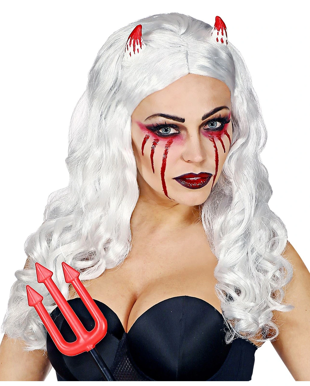Teufelsbraut Perücke Weiß Mit Hörnern 3 Teufelsbraut Perücke Weiß Mit Hörnern